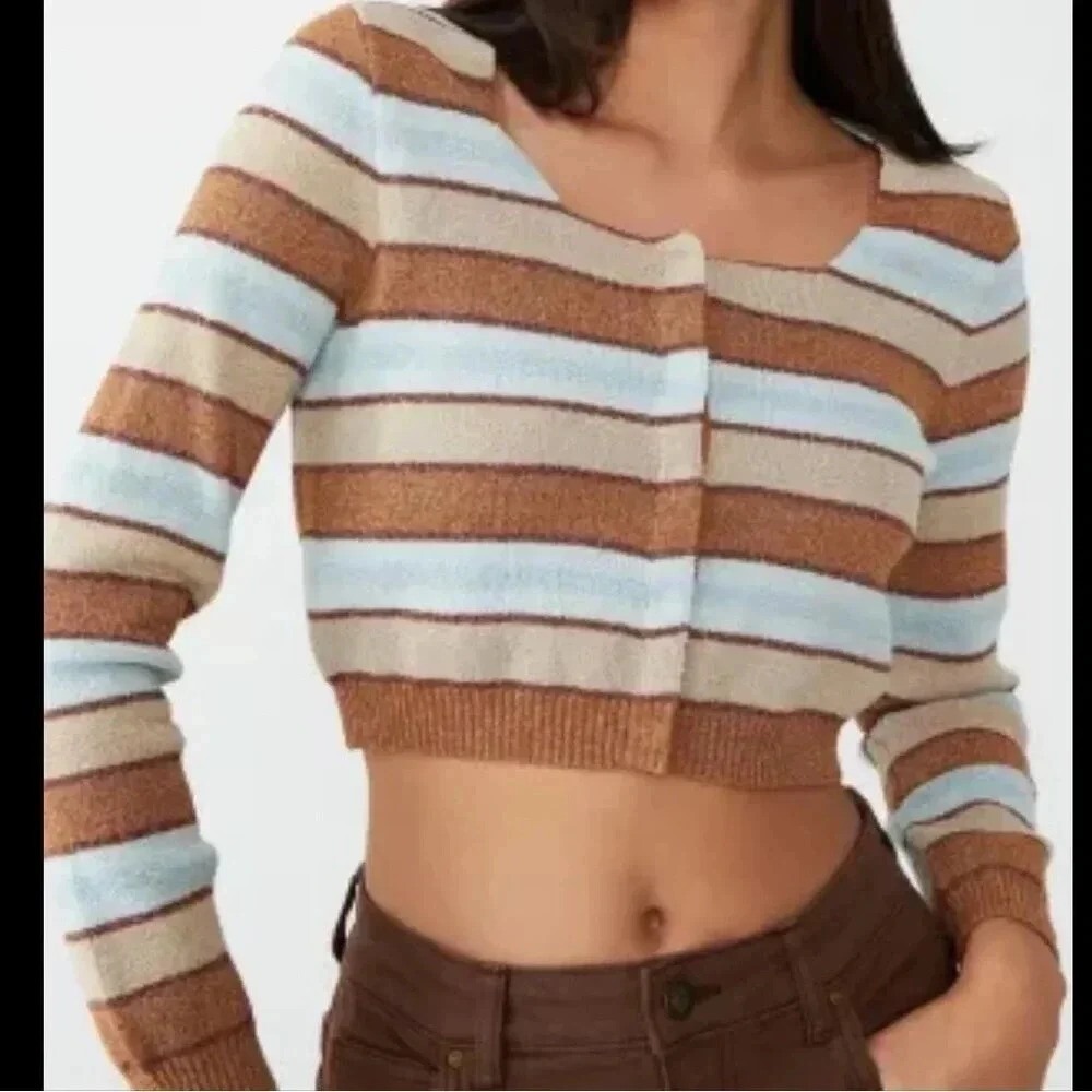Cotton On Striped Crop Cardigan Women Medium Brown Blue